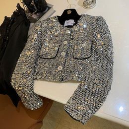 Women's Jackets Coats O-Neck Sequin Single Breasted Coat Design Sense Fashion Small Fragrance Style Long Sleeved Short Lady Clothes