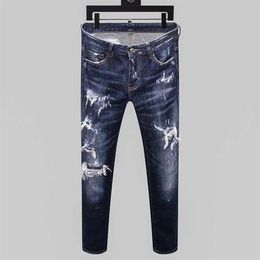 mens jeans denim blue skinny ripped pants version Navy old fashion Italy style2525