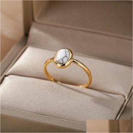 Cluster Rings Vintage Oval Opal For Women Stainless Steel Gold Stripe Retro Green Moonstone Accessories Jewellery Gift Bohemian Mujer Dr Dh2Jn
