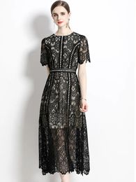 Basic Casual Dresses Summer New French Black Lace Hollow Out Long Dress For Women's Slim High-End O-Neck Big Swing Dress Female Clothing 2024