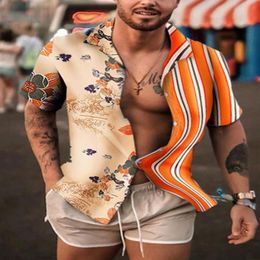 Men's Casual Shirts 2022 Fashion Bicolor Casuald Short Sleeve Printed Embroidery Pattern Clothes Light Weight Button-Down Mal268J