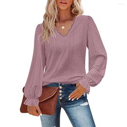 Women's T Shirts V-neck T-shirt Autumn Fashion Hollow Out Casual Pleated Lantern Long Sleeve Tops Y2k Clothing Office Lady Tees