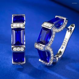 Backs Earrings S925 Sterling Silver Blue Diamond Hoop Huggie Emerald Cut Light Luxury Elegant Simple Women European And American