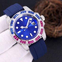 Mens Automatic Mechanical Watches 40mm Full Stainless steel Rainbow Diamond Bezel rubber strap Wristwatches Montre de luxe Swimmin244Q