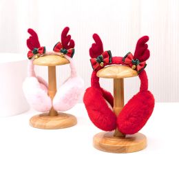 Winter Christmas Foldable Faux Fur Bow Tie Deer Antlers Bells Ear Protection Christmas Earmuffs Soft Kids Plush Warmers