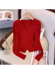 Women's Knits Women Red Cardigan Knitted Sweater 90s Fashion Ladies Long Sleeve Korean Y2k Vintage Jumper Sweaters Top Clothes Autumn