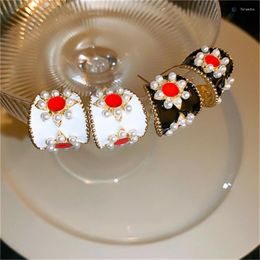Hoop Earrings FYUAN Vintage Black Enamel White Flower Pearl For Women Party Jewellery