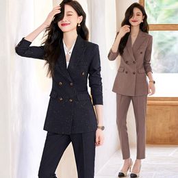 Women's Two Piece Pants Striped Suit Jacket Design Sense Niche Double Breasted Commuter Autumn Professional Tailored Overalls