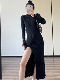 Basic Casual Dresses New Autumn Winter Temperament French Slim Waist Knit Dress Women Solid Sexy Split Fold Open Leg Mid-Length Sweater Dress 2024