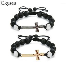 Ckysee Handmade Braided Macrame Black Lave Stone Beaded Bracelet Baseball Cross Bracelet Christian Jewelry For Women And Men1242j