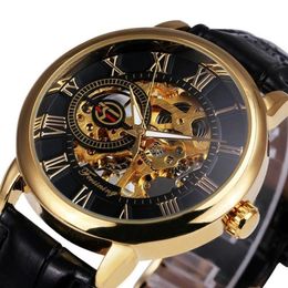 Forsining 3d Logo Design Hollow Engraving Black Gold Case Skeleton Mechanical Men Watches Heren Leather Strap Heren Horloge Y19052325O