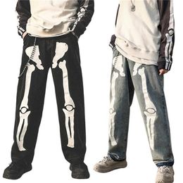 Men High Waist Y2k Skeleton Print Jeans Baggy Wide Leg Denim Trousers Goth Harajuku Straight Pants Jogging Sweatpants Streetwear231Q