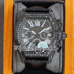 TWF Tortue XL tw62020X6 Mens Watch Japan Miyota Quartz Chronograph PVD Steel Diamonds Black Roman Dial Iced Out Diamond Case Leath247P