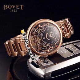 40mm Bovet 1822 Tourbillon Amadeo Fleurie Watches Quartz Mens Watch Black Skeleton Dial Rose Gold Steel Bracelet HWBT Hello Watch326v