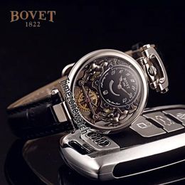 Bovet Swiss Quartz Mens Watch Amadeo Fleurier Steel Case Skeleton Black Dial Watches Black Leather Strap Watches Cheap Timezonewat290i