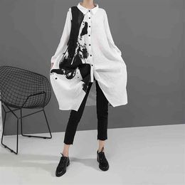 Korean Style Woman Long Sleeve White Print Shirt Dress Painting Plus Size Straight Girls Casual Midi Loose Robe Femme Inkjet Rando3252