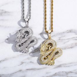 Cool Mens Necklace Gold Plated Iced Out CZ Dragon Pendant Necklace for Girls Women With 24inch Rope Chain316i