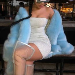 Women's Fur Faux Fur Fur Coat Imitation Fur Round Neck Medium Long Sleeved Large Black and Blue Women's Clothing Coats Fur Coat Women Faux Fu T231003