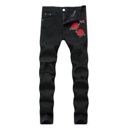 Rose Embroidery Jeans High Quality Fashion Blue Black Ripped Male Tide Slim Pants273p