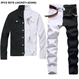 Stitching Two Colour Tracksuit Autumn White and Black Men's Sets Long Sleeve Denim Jacket Matching Slim Stretch Jeans Two-piec266o