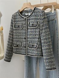 Women's Jackets Spring Autumn 2023 Temperament Round Neck Plaid Coarse Wool Blue Black Fragrant Coat