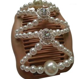 Women Magic Double Hair Comb Imitation Wood Pearl Clip Stretchy Hairpin Bead DIY C6UD1210V