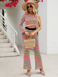 Women's Two Piece Pants Sets Womens Outfits Spring Autumn Knitted Diagonal Shoulder Sweater Pullover Wide Leg Set Sexy