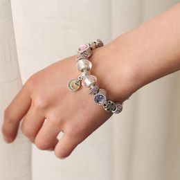 18 to 21CM pink light purple charm beads bracelet me you forever pendant fit silver snake chain bangle DIY Accessories Jewelry for256S