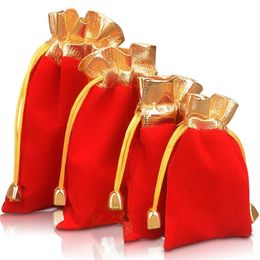 7 9cm 9 12cm 4 size Velvet Beaded Drawstring Pouches 100pcs lot Jewellery Packaging Christmas Wedding Gift Bags Black Red Epacket Fr311o