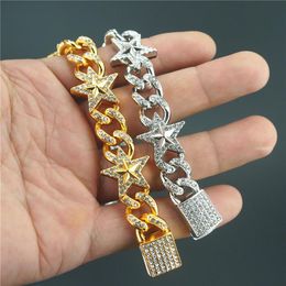 Whole-Men's Bracelet Hip Hop Five-pointed Star Miami Cuban Link Golden Silver Wide Full Rhinestone Bracelet251e