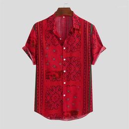 Feitong Men's Stripe Shirt Summer 2020 Buttons Down Short Sleeve Loose Hawaiian Shirt Casual Printed Red Blusas1232l