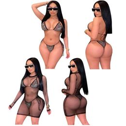 Plus Size Swimsuit European and American Women's Dress Drill Bikini Net Gauze Clothing Three-Piece Swimsuits Suit2801