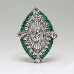 Antique Art Deco 925 Sterling Silver Emerald & White Sapphire Floral Engagement Party Ring Size Anniversary Gift Day US 5 -12189K