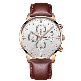 NIBOSI Brand Quartz Chronograph Fine Quality Leather Strap Mens Watches Stainless Steel Band Watch Luminous Date Life Waterproof W254H