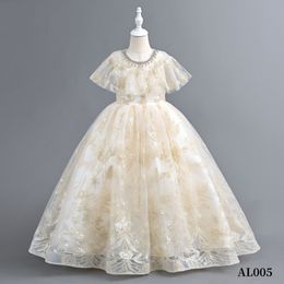 Ball Gown Flower Girl New Applique Rhinestones Pageant Dress Girl's Birthday Party Champagne Lace Ivory Tulle Long Kids Formal Dresses 403