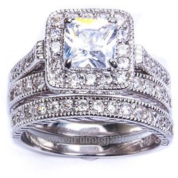 Size5 6 7 8 9 10 Retro Vintage Princess Cut Jewelry 10KT white gold filled GF whitr topaz Women Wedding Bridal Ring set g324M