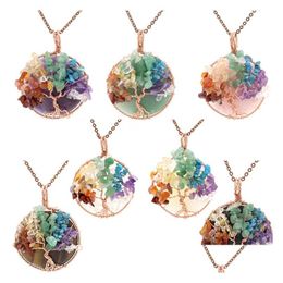 Pendant Necklaces 7 Chakra Healing Crystal Natural Round Gemstone Necklace Tree Of Life Copper Wire Wrapped Reiki Jewellery Fo Dhgarden Dh7Ia