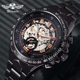 WINNER Official Casual Mens Watches Top Automatic Mechanical Watch Men Skeleton Dial Steel Band Hip Hop Wristwatch243T