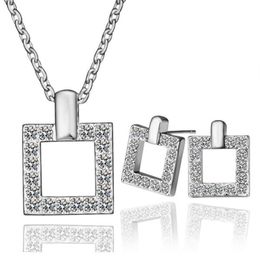18K Platinum Plated Fashion Women Square Jewellery Sets Austrian Crystal Pendant Necklaces Stud Earrings for Women216o