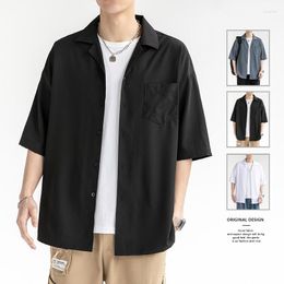 Men's Casual Shirts Summer Men Short-sleeved Shirt Stand Collar Five-point Mid-sleeve Fashion Solid Tops Blouse Luxury Camisa Office