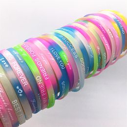 whole 100pcs pack mix lot Luminous glow in the dark Silicone Wristbands Bangle Brand new drop Mens Womens Party Gifts282T