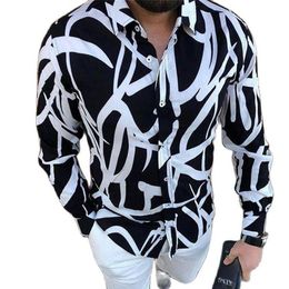 Men's Casual Shirts Male Slim Fit Long Sleeve Flower Party Shirt Tops 2021 Punk Style Silk Satin Black White Stripe Printing3172