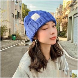 Beanie/Skull Caps Beanies Beanie/Skl Fashion Knitted Simple Autumn Winter Hats For Women Solid Color Woolen Hat Curling Cloth Label Th Dhsyt