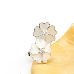 Stud Earrings 925 Sterling Silver Primrose Flower White Enamel Compatible With Clear CZ Jewelry Women Gift