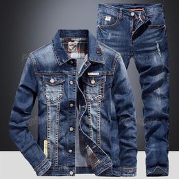 Men's Tracksuits Fashion Slim Sets Spring Autumn Dark Blue Denim Cotton Long Sleeve Jacket Ripped Hole Jeans Couple Two Piece285Y