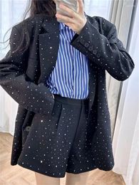 Women's Tracksuits Women Rhinestone Suit 2023 Single-Breasted Straight Black Blazer Coat Or High Waisted Ladies Loose Shorts Set