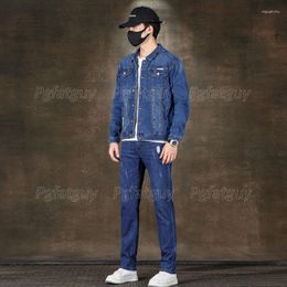 Men's Tracksuits Classic Simple Set Slim Fit Long Sleeve Jacket And Ripped Jeans 2pcs Denim Suits Business Casual Streetwear Size M-5XL