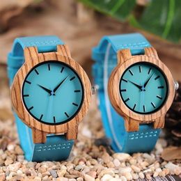 Luxury Royal Blue Wood Watch Top Quartz Wristwatch 100% Natural Bamboo Clock Casual Leather Band Valentine's Day Gifts for Me282C