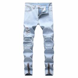 Top quality 2020 whole Casual Biker jeans men's jeans pale blue hole locomotive foot biker motorcycle Zipper men's204P