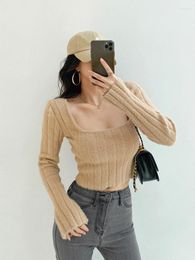 Women's Sweaters GGRIGHT Retro Casual Style Sexy Square Neck Pullover Sweater Solid Colour High Waist Short Clothing